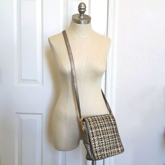 Vintage GANSON Woven Neutral Leather Crossbody Black Taupe Mustard Gray Cream - Picture 11 of 11